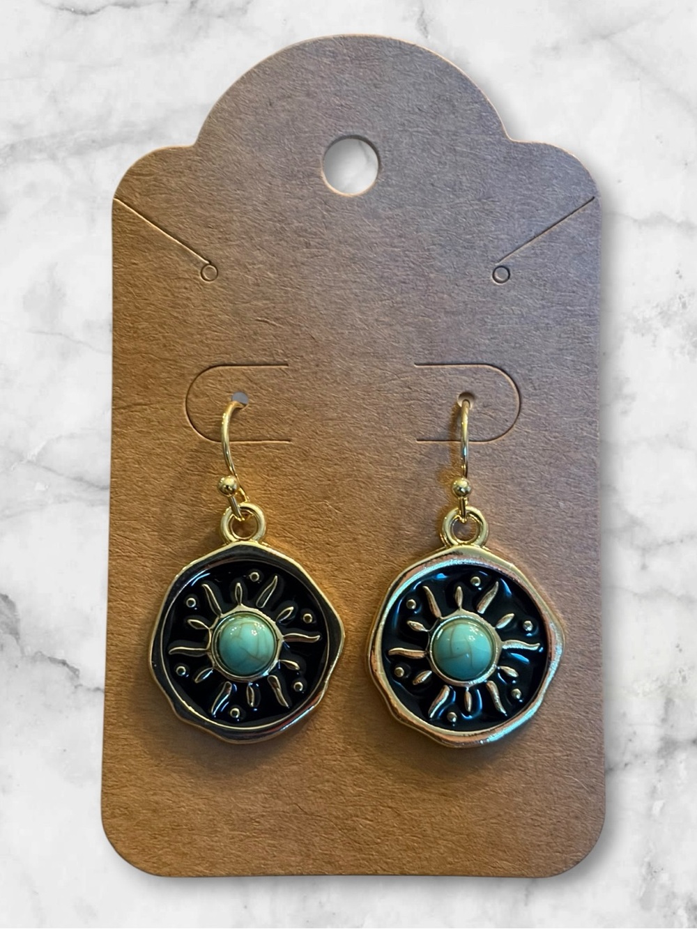 Gold-Tone Sunburst Drop Earrings with Black Enamel and Turquoise Accent
